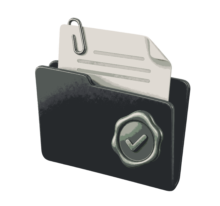 A graphite folder holding a document with a subtle green verification seal